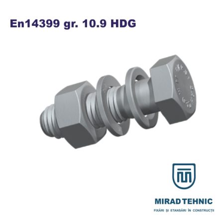 Surub cap hexagonal EN14399-4, Grupa 10.9, HDG - SURUB IP EN 14399-4/6 HV 10.9 M12 X 30 mm Ansamblu 1Surub+2Saibe+1Piulita - 12 mm - Stoc curent - 1 buc